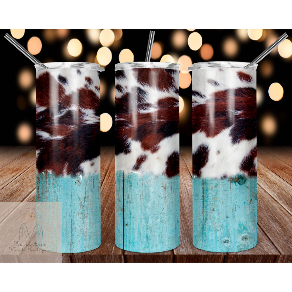 Black White Cow Print Turquoise Plank Stainless Steel Double Wall Tumbler 20 oz